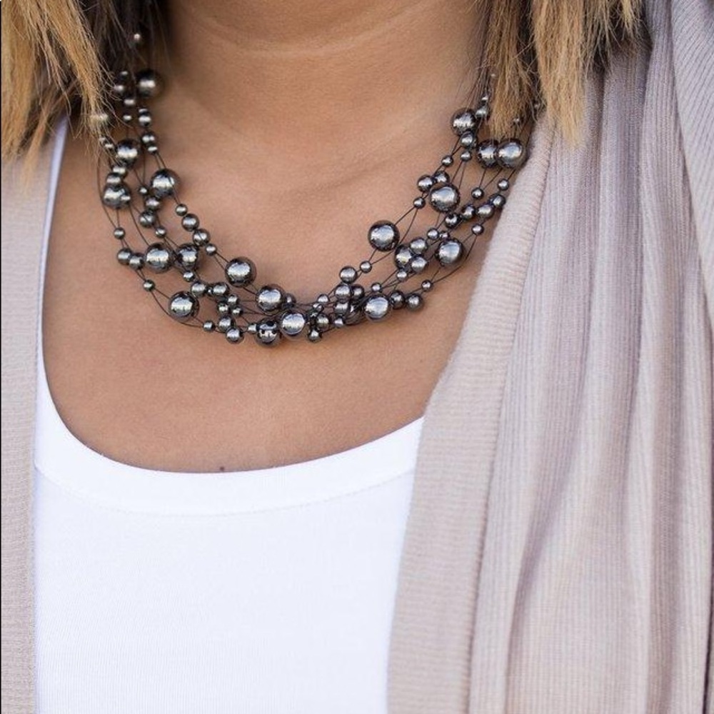 Pearlescent Gunmetal Beads on Black Wire Necklace + Earrings Set NWT